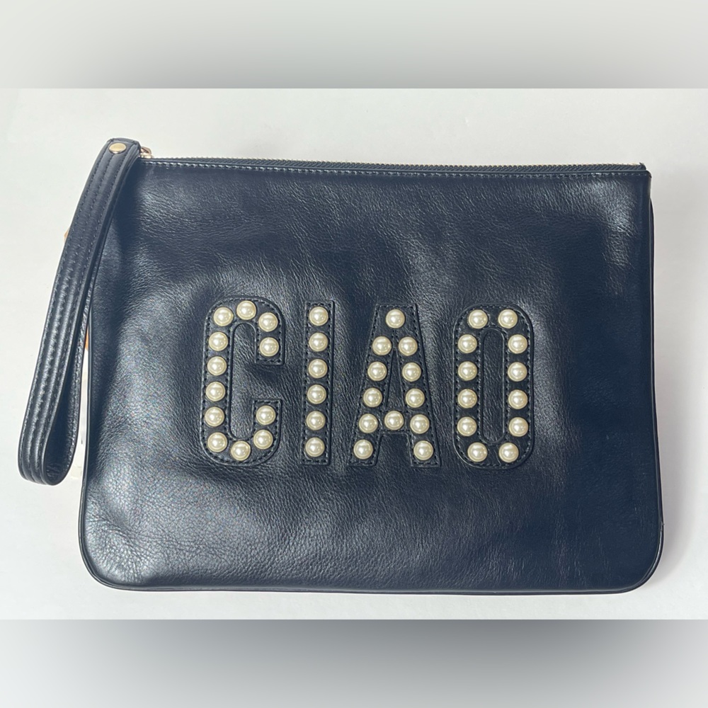 Rebecca Minkoff - Faux Pearl CIAO Black Leather Large Zip Clutch / Wristlet